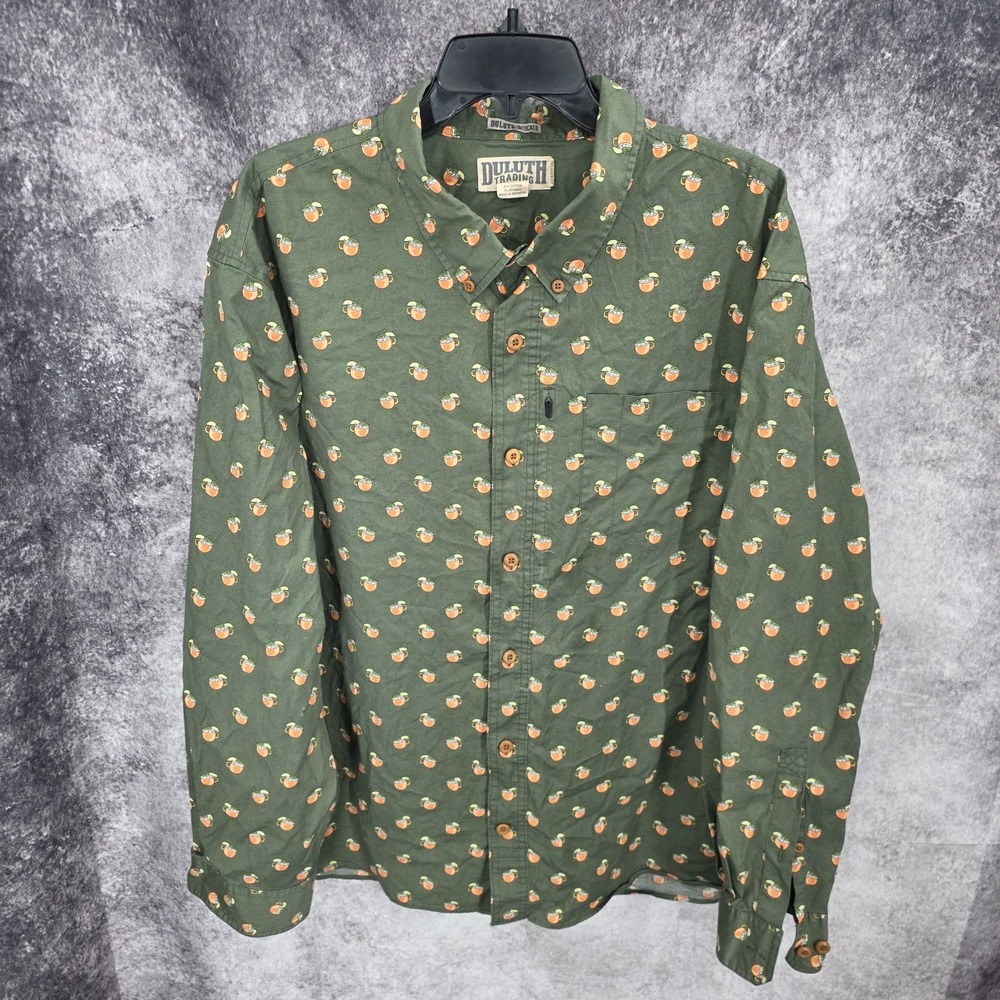 Duluth Trading Shirt Mens 2XL Green Cocktail Moscow Mule Button Up Long Sleeve